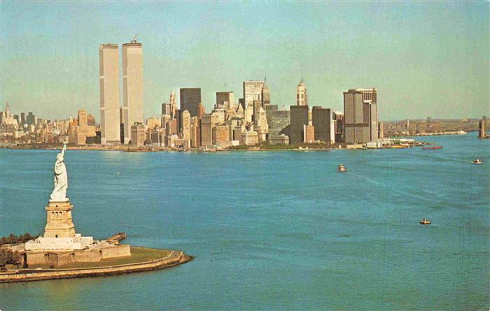 NEW YORK City USA Statue of Liberty and Lower Manhattan Twin Towers