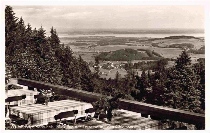Eisenaerzt Klosterberggasthof Maria Eck Blick von der Terrasse zum Chiemsee