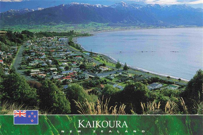 Kaikoura New Zealand NZ Panorama Township from the hill looking towards Kaikoura