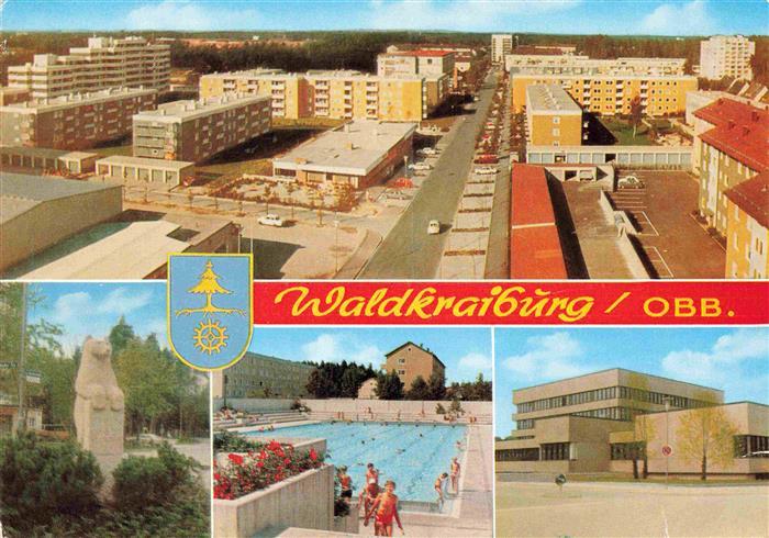 Waldkraiburg Panorama Stadt im Gruenen Wohnsiedlung Statue Freibad