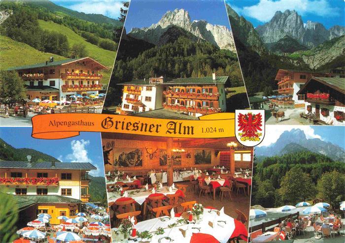 Wilder Kaiser 2344m Tirol AT Alpengasthaus Griesner Alm Terrasse Gastraeume Pano