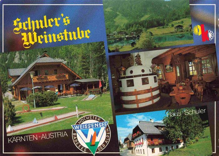 Techendorf Weissensee Kaernten AT Schulers Weinstube und Haus Schuler Minigolf G