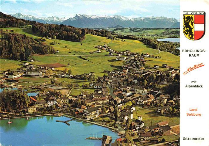 Mattsee Salzburg AT Fliegeraufnahme mit Ober und Niedertrumersee und Untersberg
