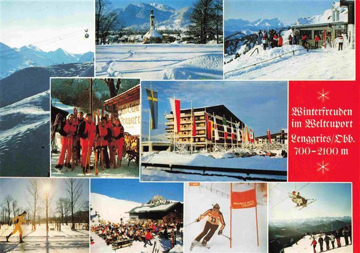 Lenggries Brauneck Hotel Sonnenterrasse Sessellift Seilbahn Skilaeufer