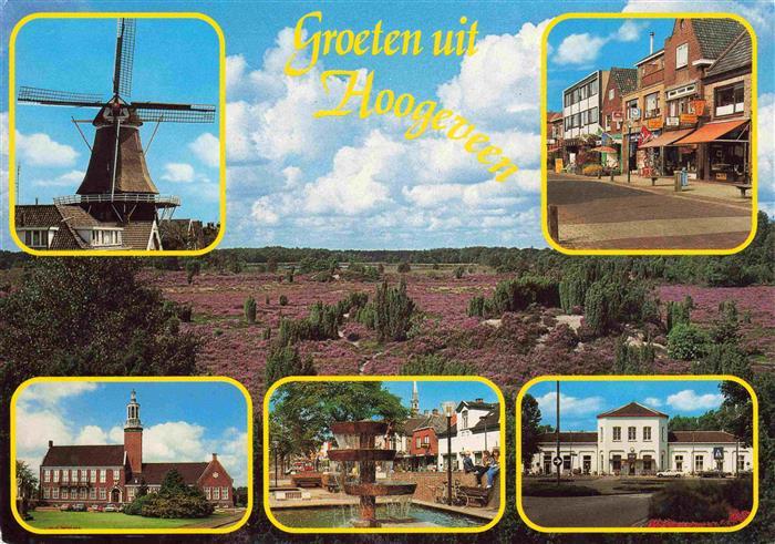 Hoogeveen NL Windmuehle Panorama Kirche Brunnen Schule Dorfstrasse