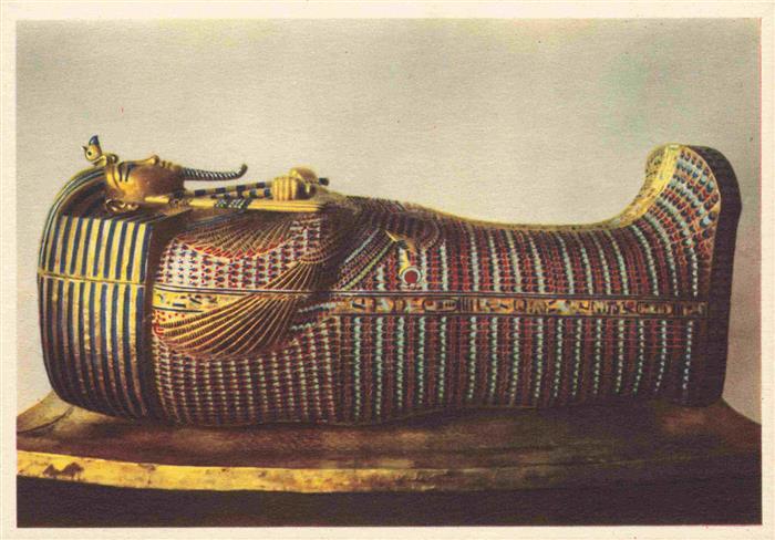 Egypt aegypten The second mummy schaped coffin coated with gold and decorated wi