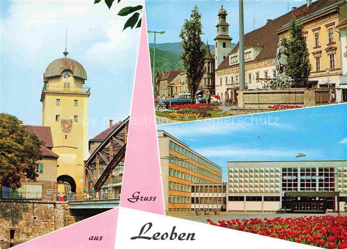 Leoben Steiermark AT Stadtturm Bergmannsbrunnen Hauptplatz Montanistische Hochsc