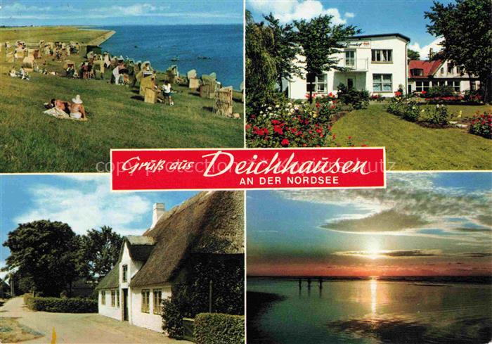 Deichhausen Buesum Nordseebad Kuestenpanorama Reetdachhaus Sonnenuntergang am Me