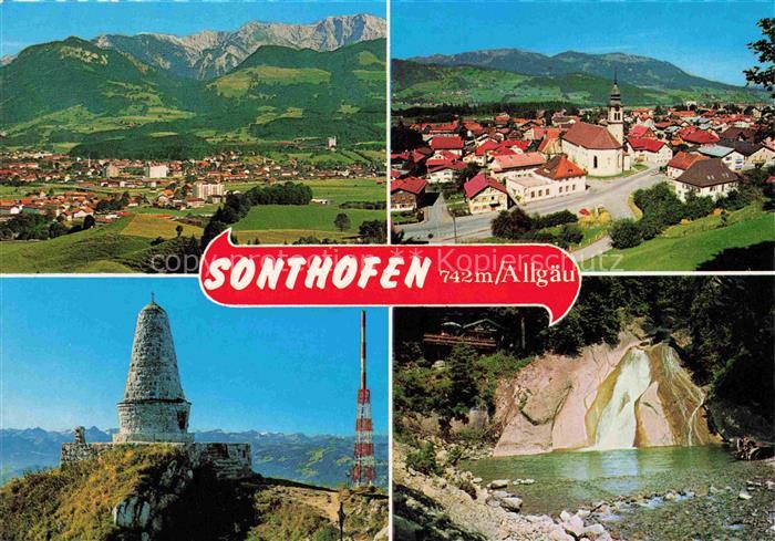 Sonthofen  Oberallgaeu Panorama Stadtansicht mit Kirche Denkmal Wasserfall