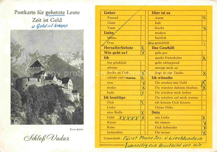 Vaduz Liechtenstein FL Schloss Postkarte fuer gehetzte Leute Zeit ist Geld