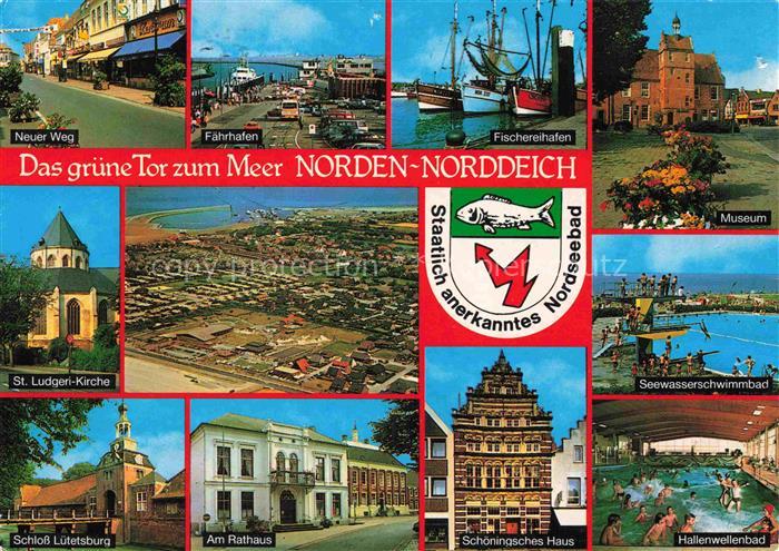 Norden  Norddeich Nordseebad Neuer Weg Faehrhafen St Ludgeri Kirche Fliegeraufna
