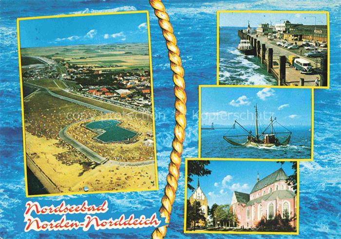 Norden  Norddeich Nordseebad Fliegeraufnahme Promenade Fischerboot Kirche