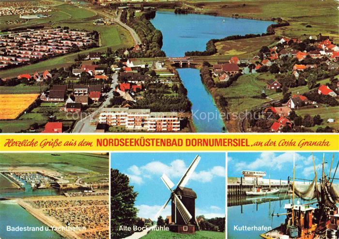 Dornumersiel Fliegeraufnahme Badestrand Yachthafen Alte Bockmuehle Kutterhafen