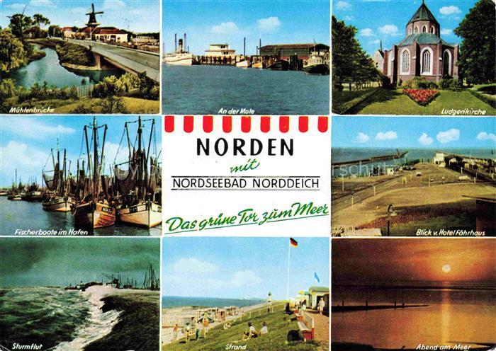 Norden  Norddeich Nordseebad Muehlenbruecke Mole Ludgerikirche Fischereihafen Pa