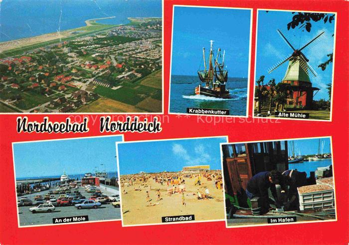 Norden  Norddeich Nordseebad Fliegeraufnahme Krabbenkutter Alte Muehle An der Mo