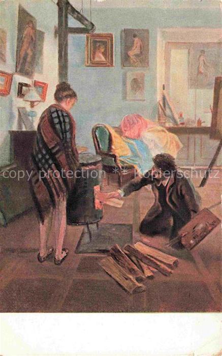 Prjanischnikow I Kuenstlerkarte Feuer Kamine Wohnung Frau