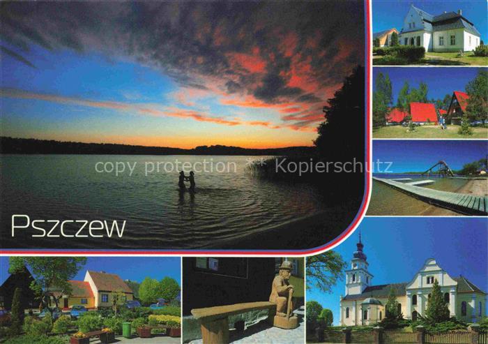 Pszczew Miedzyrzecz PL Panorama Teilansichten Strand Bungalows Kirche Skulptur