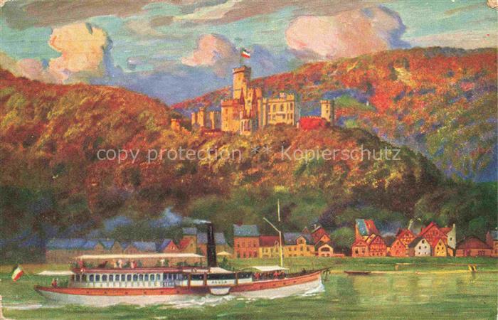 Stolzenfels Schloss Koblenz Rhein mit Capellen Rheindampfer Kuenstlerkarte