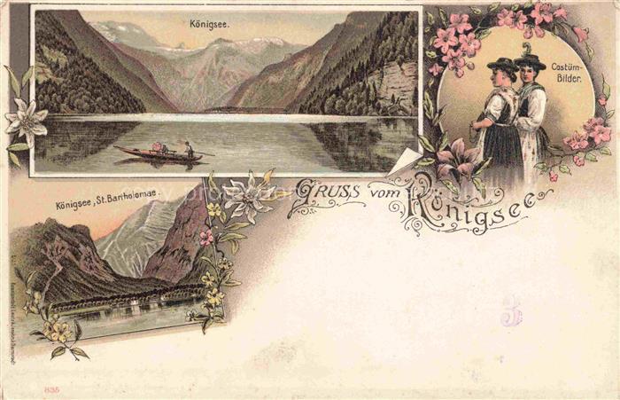KoeNIGSEE Berchtesgaden Panorama St. Bartholomae Kostuembilder Trachten Litho