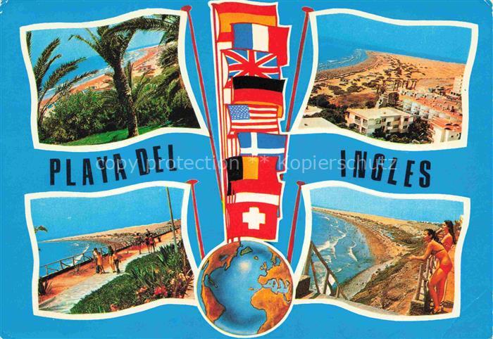 Playa del Ingles Gran Canaria ES Kuestenpanorama Strand Flaggen Weltkugel