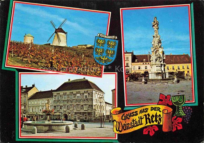 Retz Weinviertel Niederoesterreich AT Windmuehlen Pestsaeule Marktplatz Brunnen