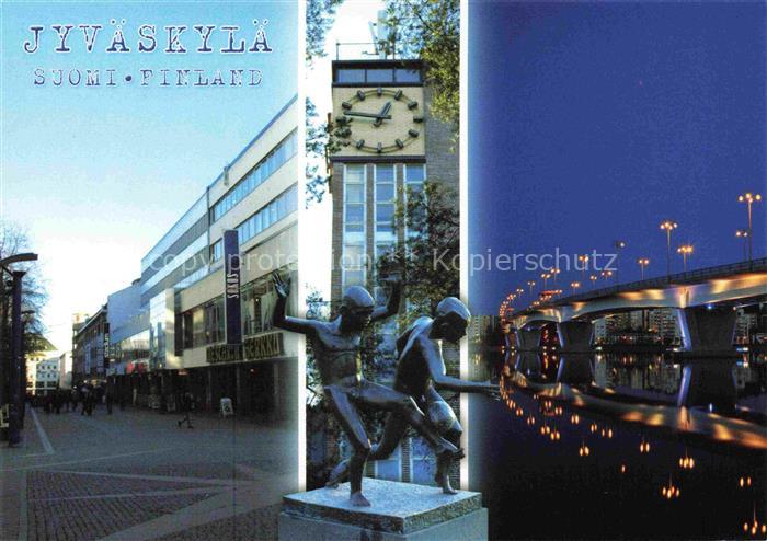 Jyvaeskylae Stadtzentrum Skulpturen Bruecke Nachtaufnahme