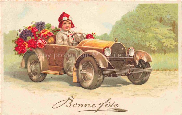 Glueckwunsch Greeting Bonne fete Auto Bluemen Kind
