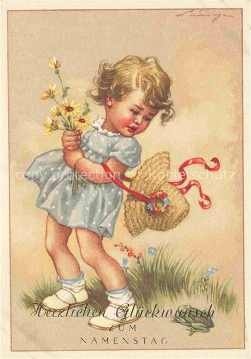 Namenstag Namenskarte Kind Blumen Hut Litho