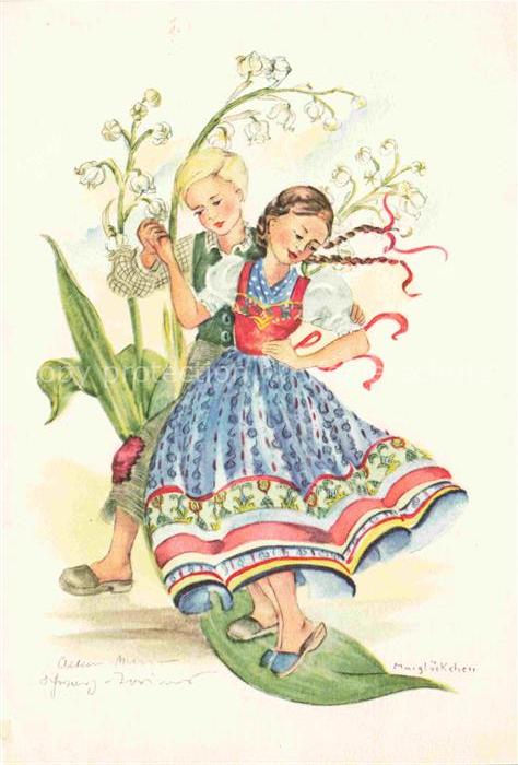 Maigloeckchen Lily of the Valley Muguet Mughetto-- Kunstverlag MichelTanz Tracht