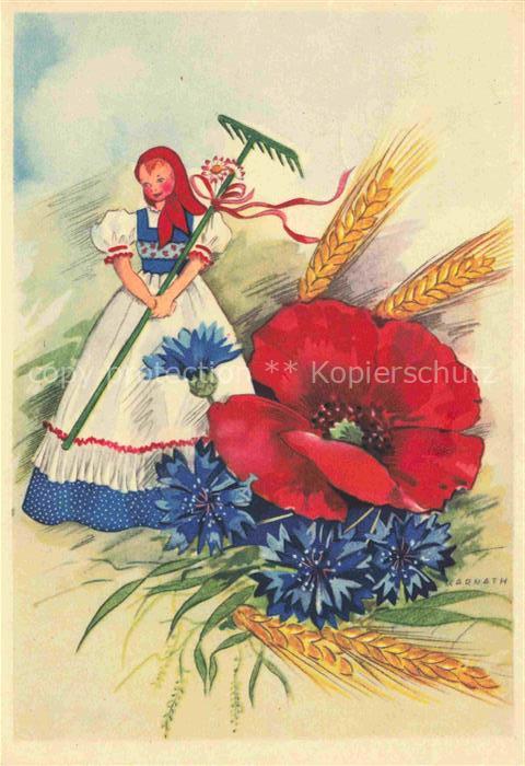 Mohnblumen Blumen Flowers Fleurs Kuenstlerkarte Maedchen Weizen