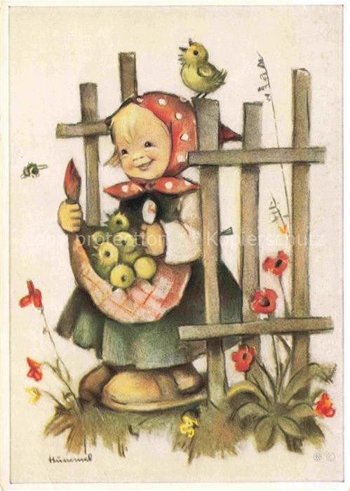 Hummel Kuenstler-AK-Nr. 5833 Kind Kuecken Mohnbluemen