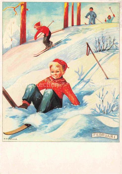Frykstrand K. Kuenstlerkarte Februari Kinder Ski laufen