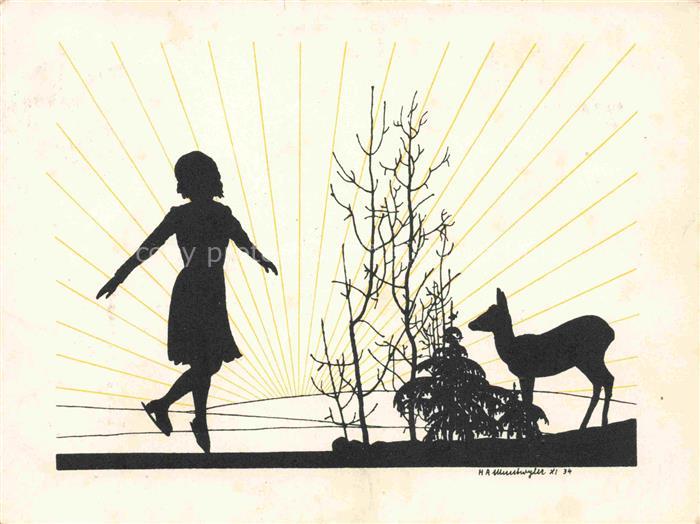 Scherenschnitt-AK Schattenbildkarte Shadowbolt Kind Reh Wald