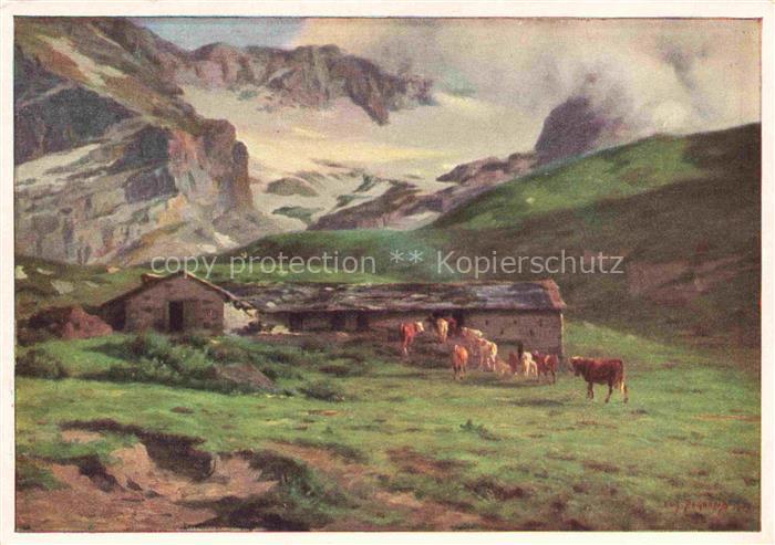 Burnand Eugene Kuenstlerkarte Erinnerung an Anzeindaz Landwirtschaft Kuehe