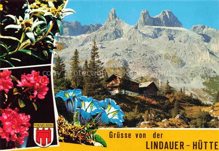 Lindauerhuette 1770m Gauertal Vorarlberg AT mit 3 Tuermen und Alpenflora