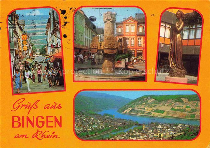 Bingen Rhein Fussgaengerzone Zentrum Brunnen Statue Panorama Blick ueber den Rhe