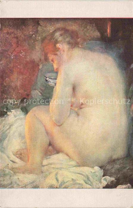 Besnard A. Kuenstlerkarte Ein weib waermt sich am Feuer