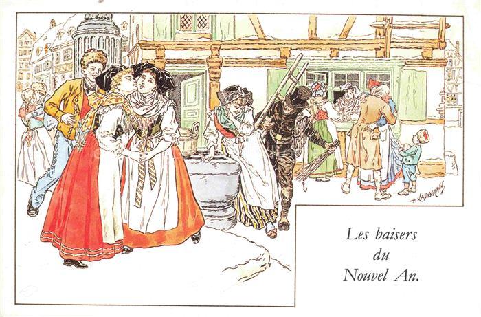 Kauffmann P. Alsace Elsass Kuenstlerlitho Les baisers du Nouvel An