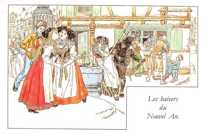 Kauffmann P. Alsace Elsass Kuenstlerlitho Les baisers du Nouvel An