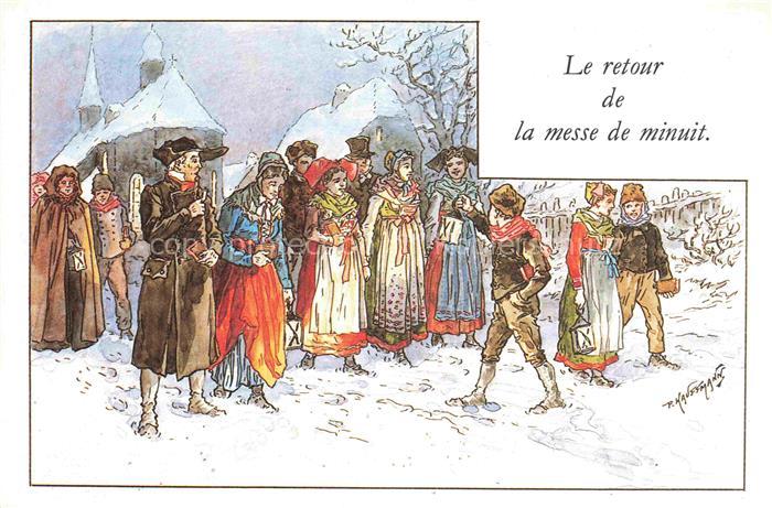Kauffmann P. Alsace Elsass Kuenstlerlitho Le retour de la messe de minuit