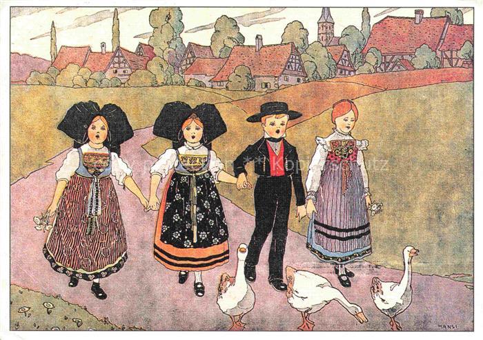 Hansi  Waltz J J Kuenstlerkarte Alsace Elsass Le dimanche nous promenons