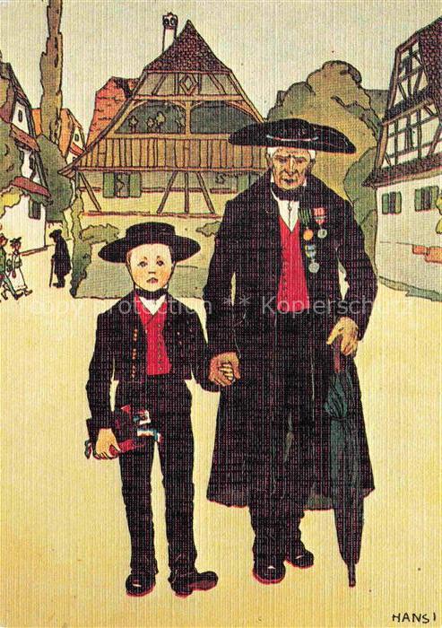 Hansi  Waltz J J Kuenstlerkarte Alsace Elsass Le Grans Pere et enfant chemin egl