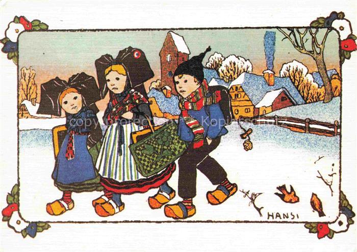 Hansi  Waltz J J Kuenstlerkarte Alsace Elsass Nous allons ecole et apprenons bie