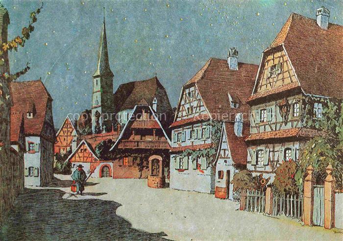 Hansi  Waltz J J Kuenstlerkarte Alsace Elsass Quand la nuit baigne le village le