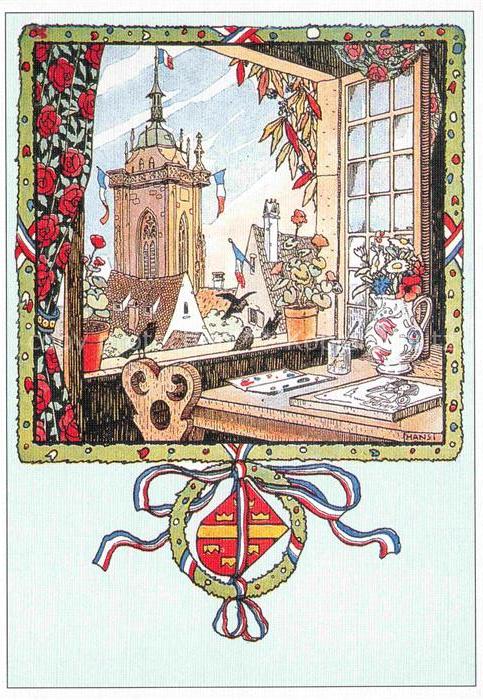 Hansi  Waltz J J Kuenstlerkarte Alsace Elsass Regard sur Colmar fenetre de Ateli