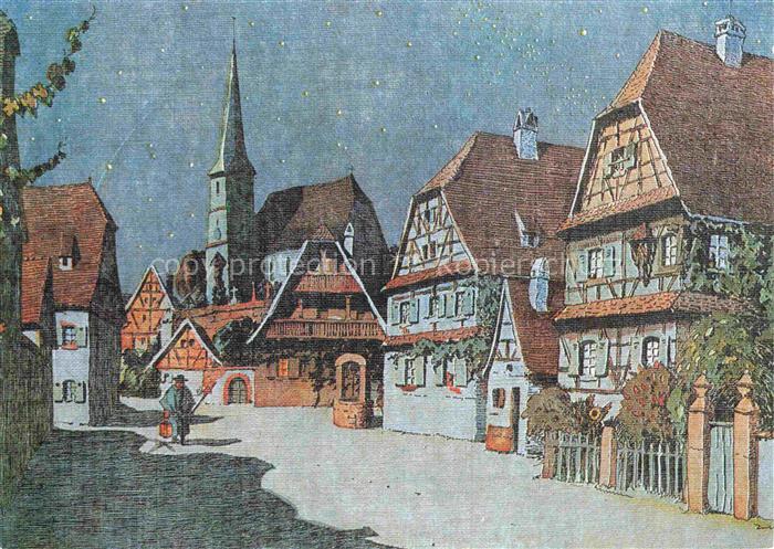 Hansi  Waltz J J Kuenstlerkarte Alsace Elsass Quand la nuir baigne le village