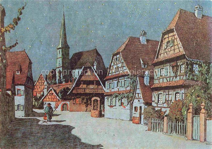Hansi  Waltz J J Kuenstlerkarte Alsace Elsass Quand la nuit baigne le village Ve
