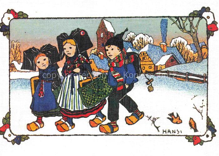 Hansi  Waltz J J Kuenstlerkarte Alsace Elsass Nous allons ecole et apprenons nie