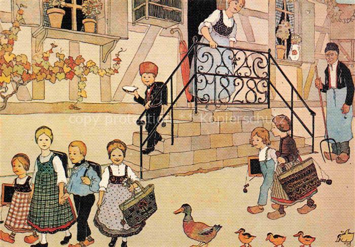Hansi  Waltz J J Kuenstlerkarte Alsace Elsass Le depart pour Ecole