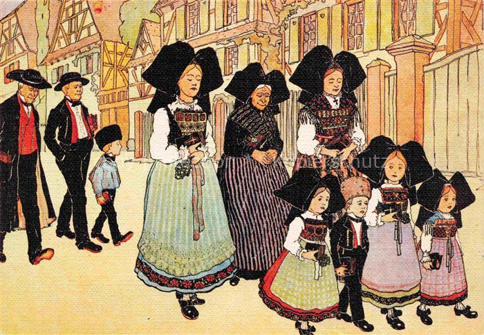 Hansi  Waltz J J Kuenstlerkarte Alsace Elsass Chaque Dimanche nous allons Eglis